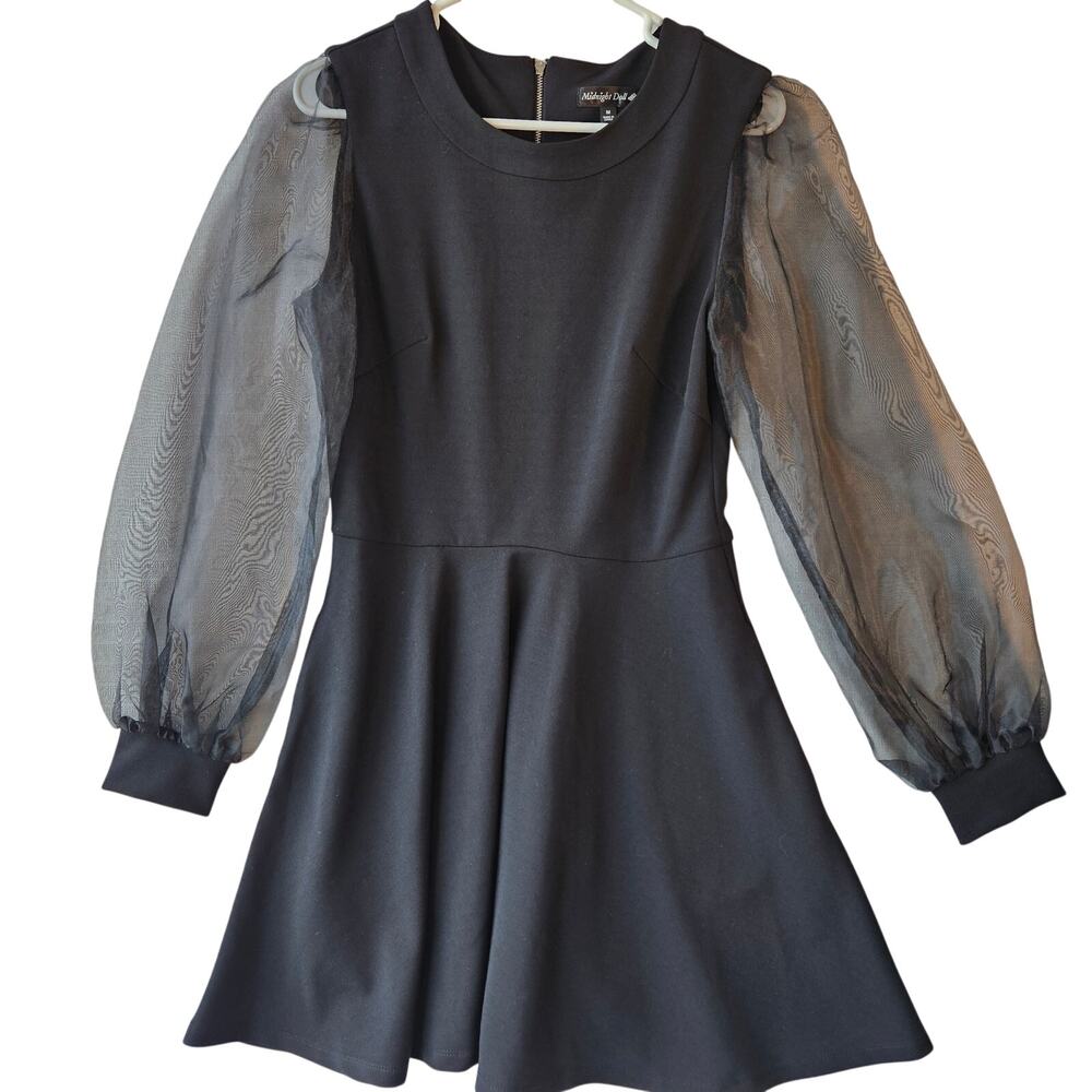 Midnight Doll Black Mini Dress Sheer Bubble Sleeve Medium Whimsigoth Grunge NWT